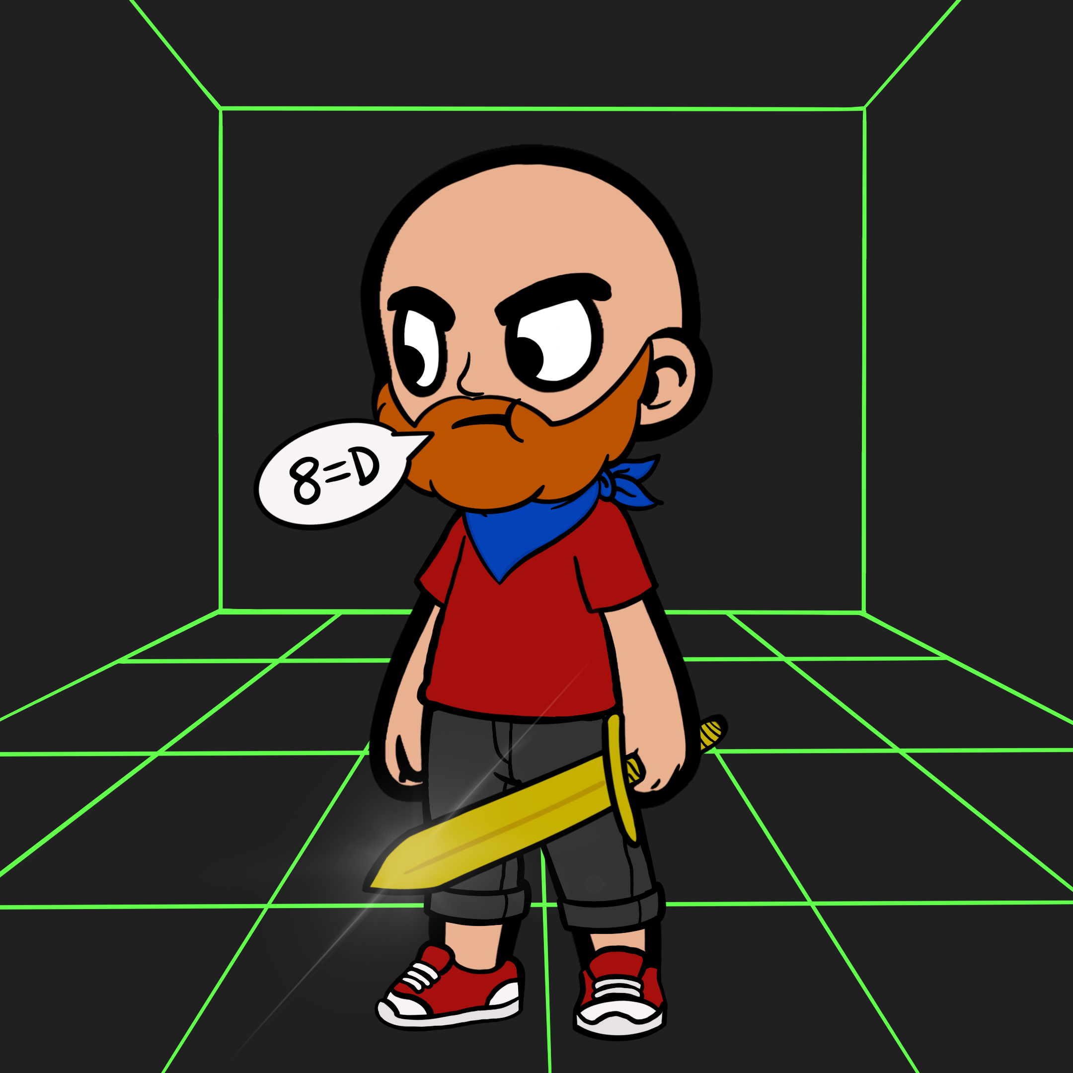 A Lil Guy in a dark grid room